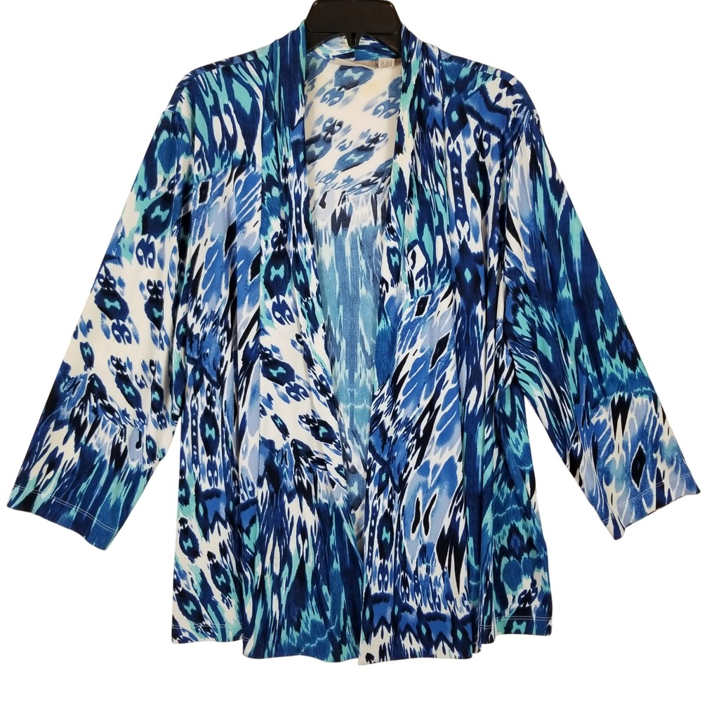 Chico's Easywear Blue Abstract Ikat Open Front Cardigan Slinky Knit Size 3 XL